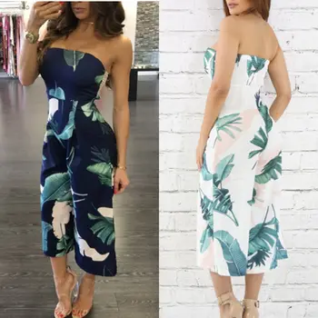

New Sexy Women Backless 2017 Summer Strapless Party Jumpsuit Playsuit Bodycon Floral Print Romper Wide Leg Trousers Clubwear