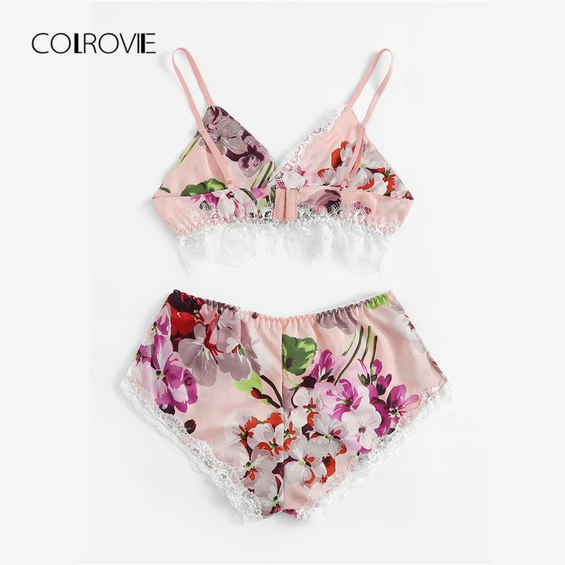 COLROVIE Multicolor Lace Trim Floral Print Satin Sexy Women Lingerie Set Boho Wireless Intimates Femme Bra Underwear Set