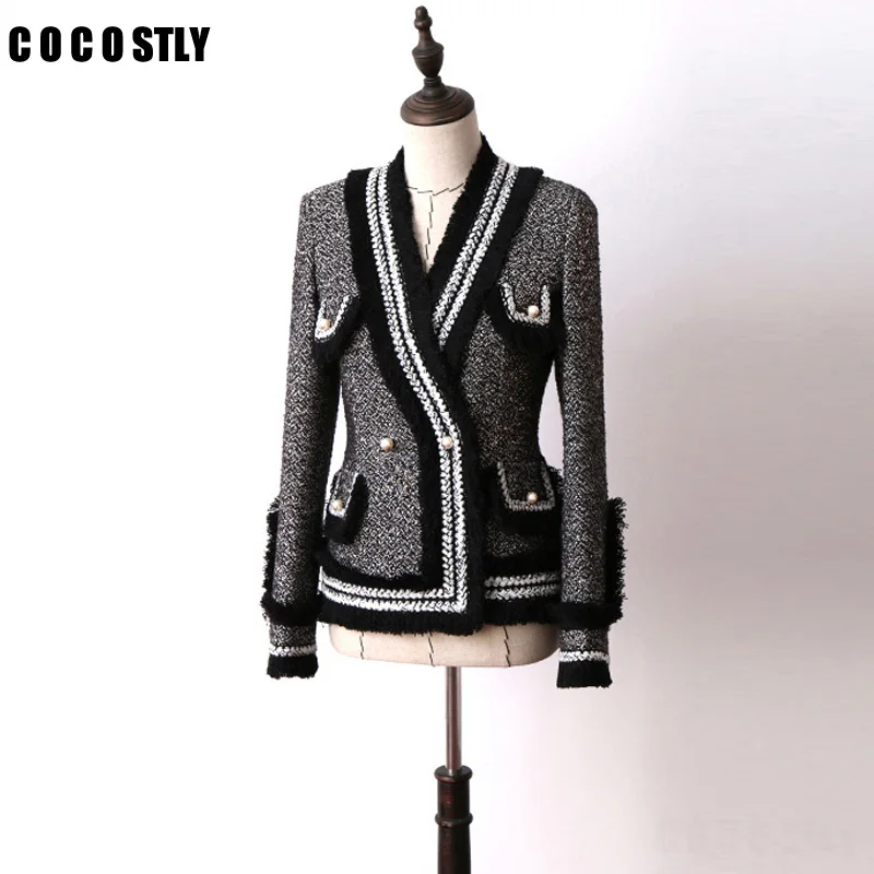 

High Quality Runway Luxury Tweed Jacket Women Black Tweed Suit Jacket Fringed Trim Long Sleeves Pockets Pearls Detail Jackets