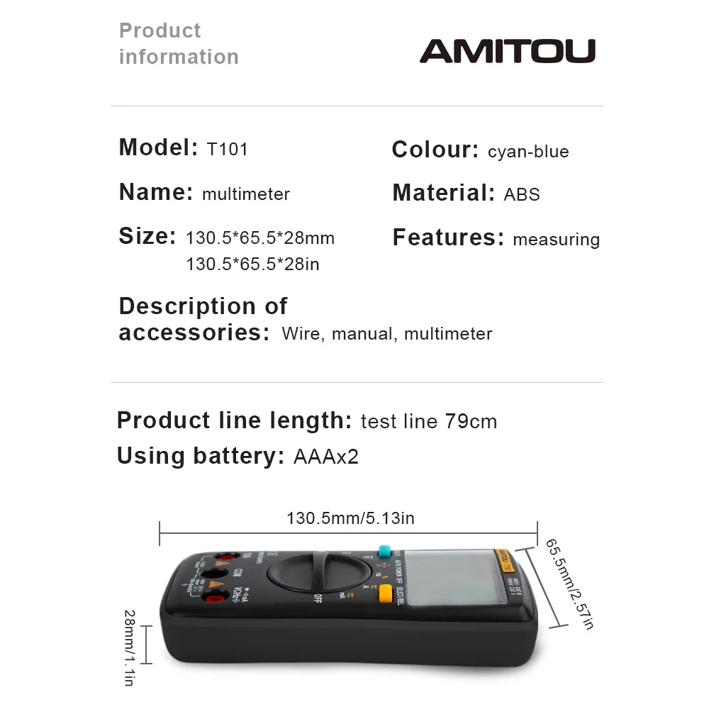AMITOU T101 черный цифровой мультиметр Подсветка AC/DC Напряжение Ток Сопротивление