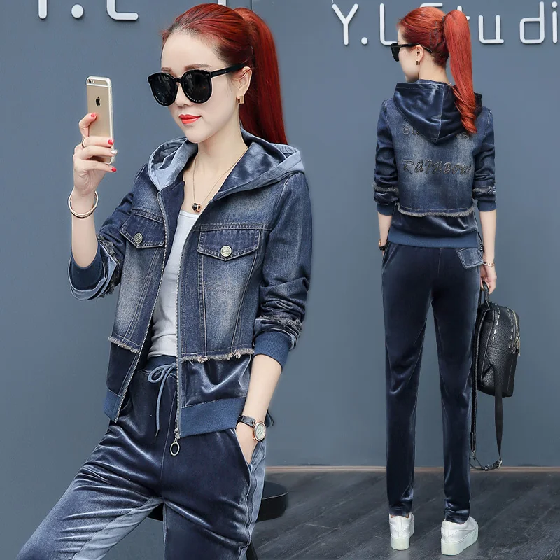 

Spring And Autumn 2 Piece Set Women Patchwork Velvet Tracksuits Leisure Velour Tracksuit Casual Conjunto Feminino Hoodies+pants