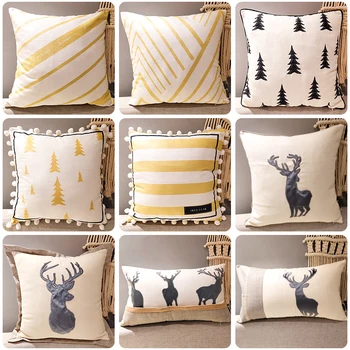 

44x44cm/33x58cm simple yellow geometric cushion cover pillowcase deer embroidered lumbar pillow cover sofa pompom pillow case