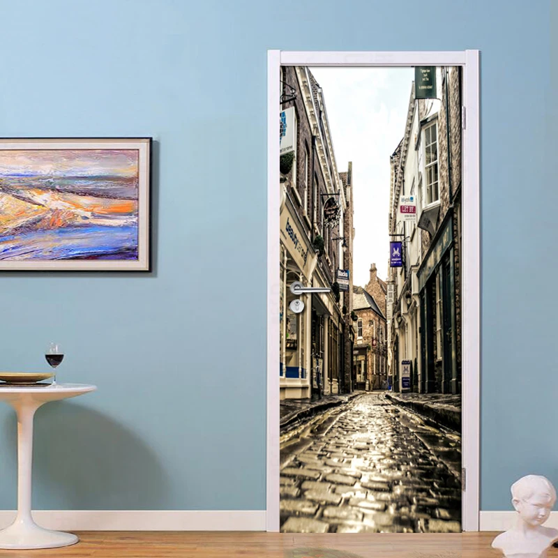 

Retro Street View 3D Door Decoration Stickers Wall Paper Waterproof Door Renovation Wall Decals Art Mural Wallpaper For Bedroom
