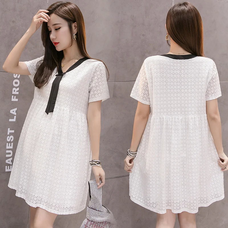 

Plus Size 2019 Summer New Fashion Maternity Dress Short Sleeve Bo Collar Lace Blouses Pregnant Women Long Loose Lace Shirts Cute