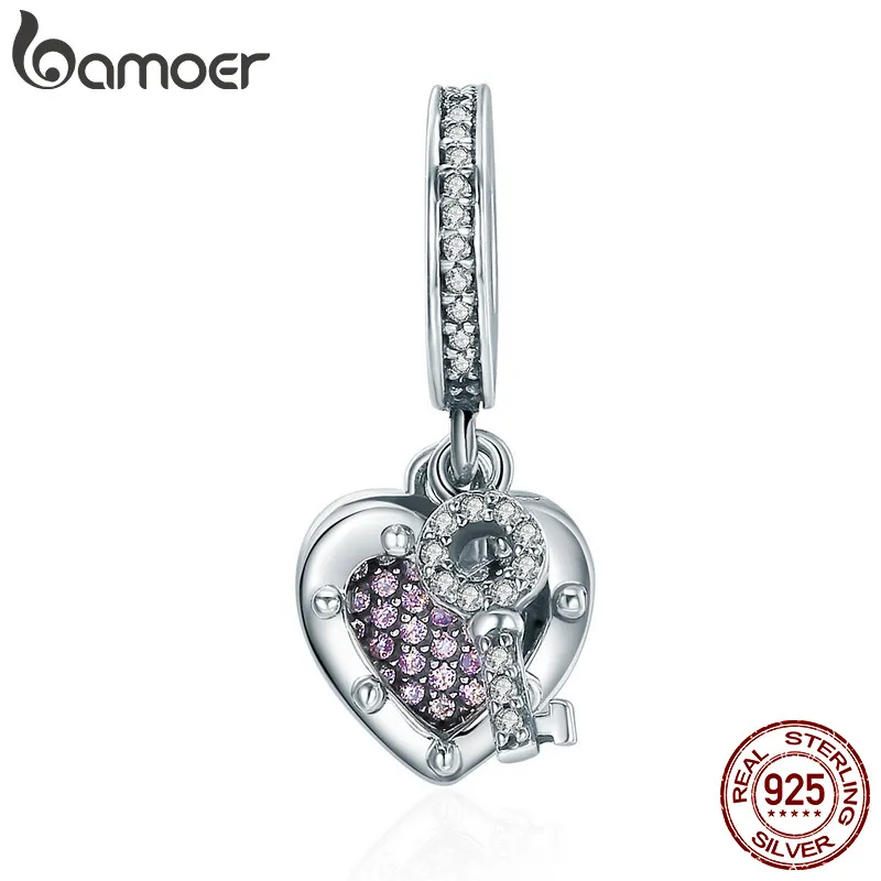 

BAMOER Romantic New 100% 925 Sterling Silver Key Lock of True Love Pendant Charm fit Women Bracelet amp Necklace Jewelry SCC407