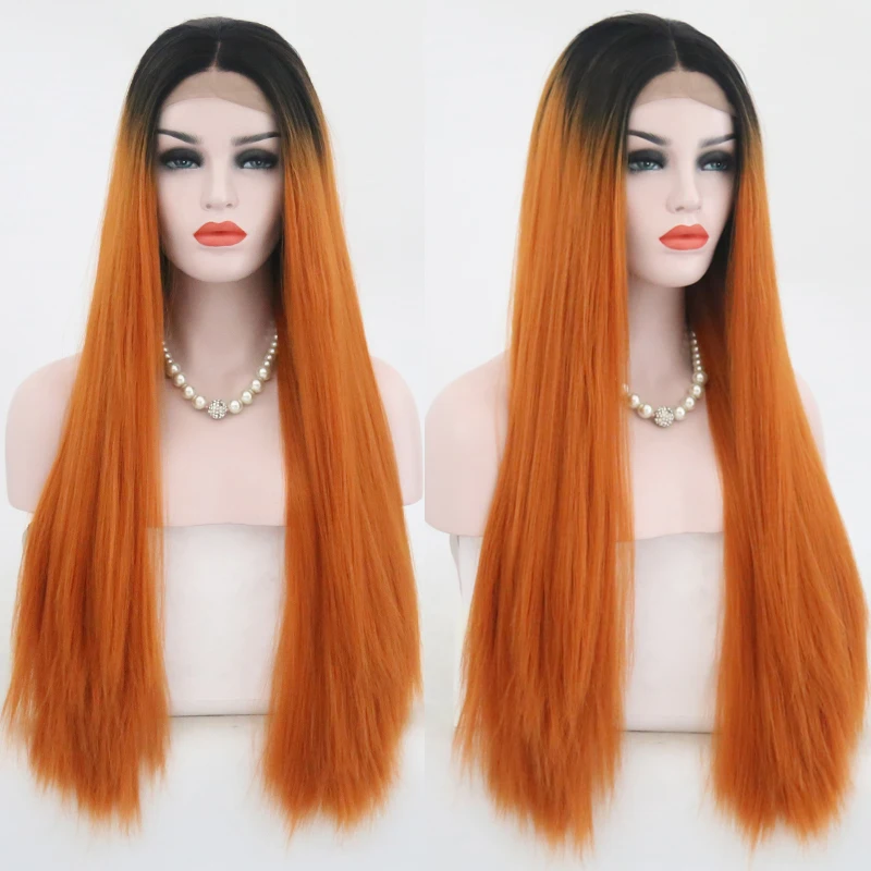 Charisma Long Ombre Orange Wig Black Root Heat Resistant Hair Synthetic ...