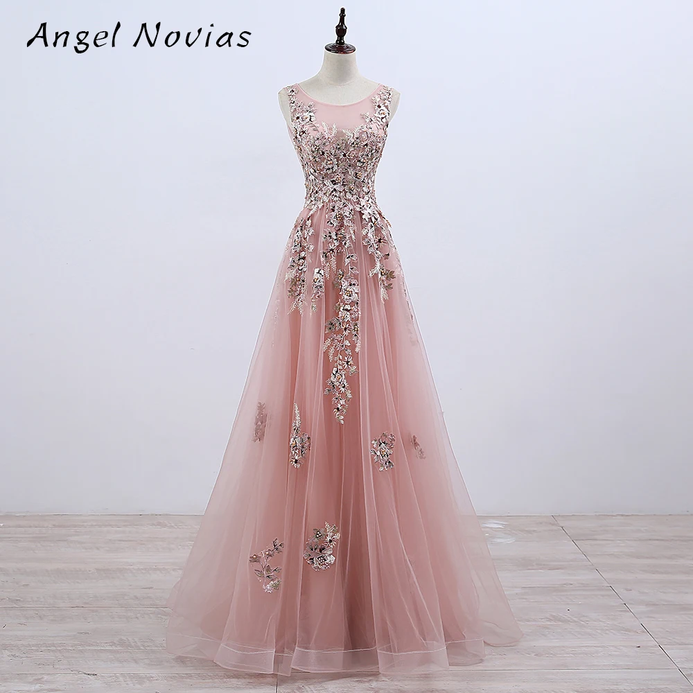 

Real 2018 Spring Collection Long Elegant Tulle Prom Dress Lace Appliques Beaded Evening Gown Angel Novias