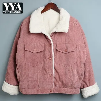 

Autumn Winter New Corduroy Rabbit Fur Lining Thick Warm Jacket Women Fashion Korean Lapel Loose Female Parka Coats Clothing