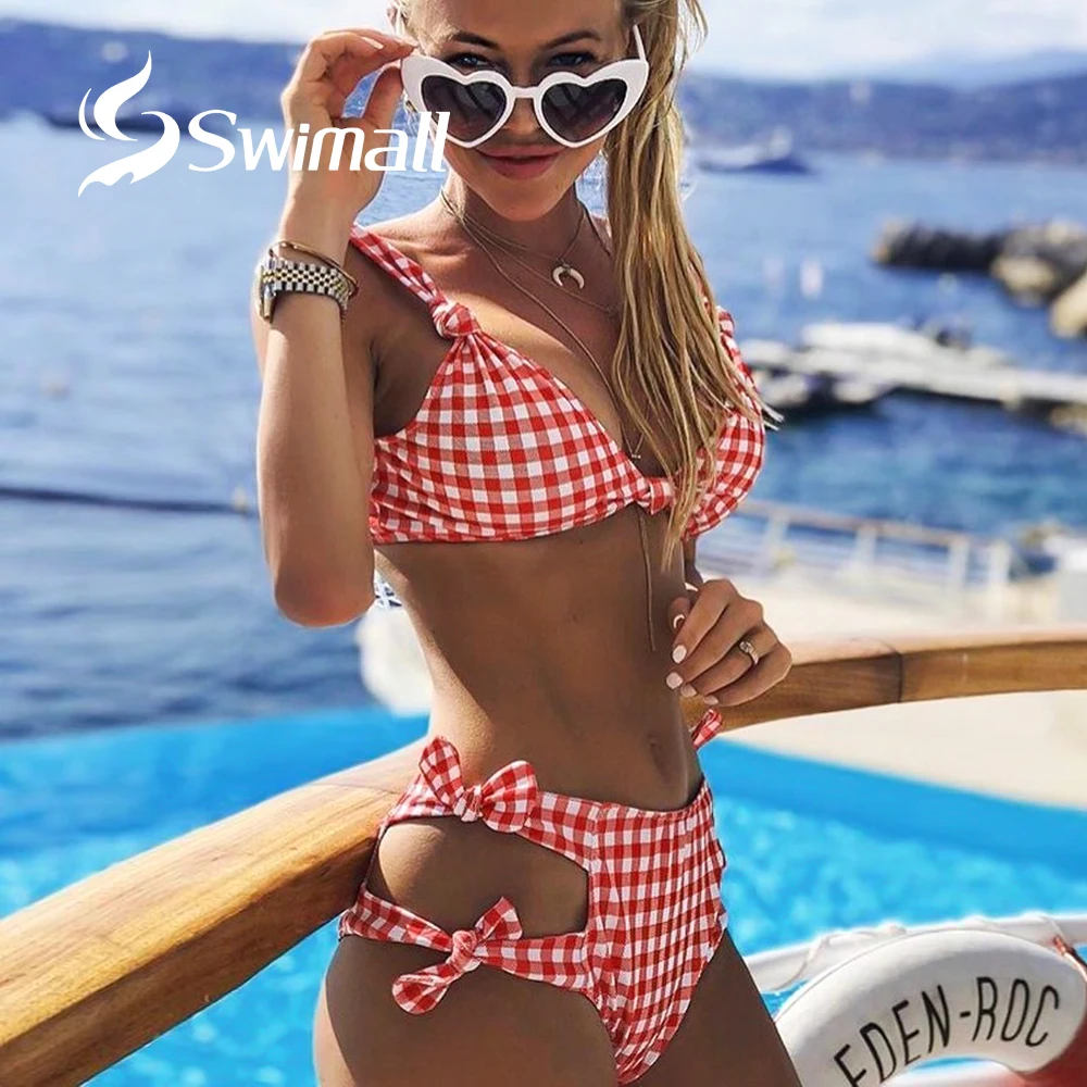

High Waist Bikini 2019 Sexy Women Swimwear Push Up Swimsuit Plaid Bow Bathing Suit Biquinis Summer Beach Wear Female Monokini