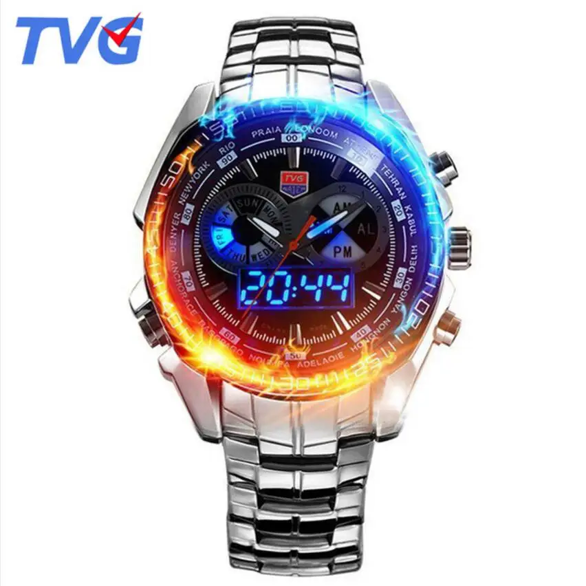 

2017 TVG Male Sports Watch Men Full stainless steel waterproof Quartz-watch Digital Led Analog Dual display Men's Wrist Watches