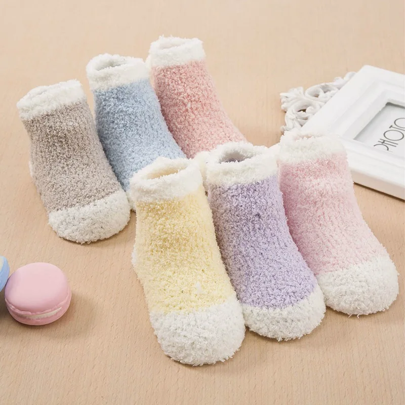 

Winter Warm Coral Fleece Newborn Cotton Baby Socks Kids Soft Thicken Hair Ball Floor Socks 0-3 Years Old