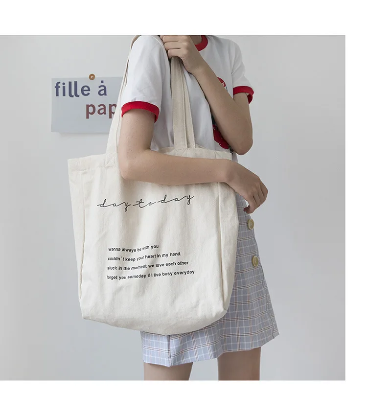 Women Canvas Shoulder Bag Day To Day Letters Print Daily Shopping Bags Students Books Bag Cotton Cloth Handbags Tote For Girls