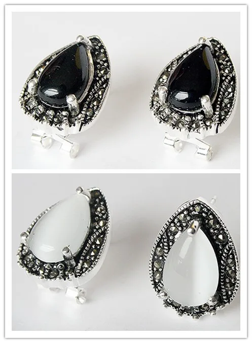 

2 choices VINTAGE 925 STERLING SILVER BLACK AGATE AND WHITE OPAL MARCASITE EARRINGS 15X19MM -Top quality free shipping