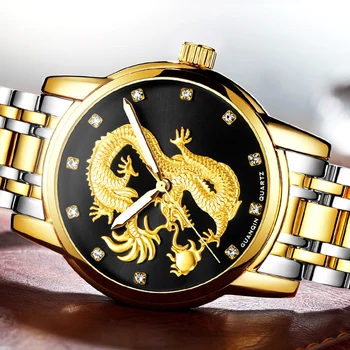 relogio masculino GUANQIN Mens Watches Top Brand Luxury Luminous Clock Gold Dragon Sculpture Stainless Steel Quartz Wrist Watch guanqin dragon watch men gold quartz wristwatch luxury brand waterproof male clock steel watches for men relogio masculino