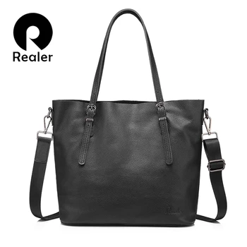 

REALER brand women genuine leather bag female shoulder bag with large capacity ladies handbag high quality cow leather Tote bags