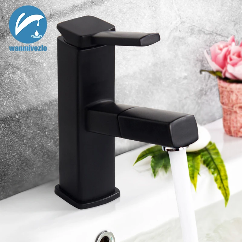 

Household Bathroom Hot and Cold Pull-out Basin Washingroom Faucet Black Copper Telescopic Basin Faucet