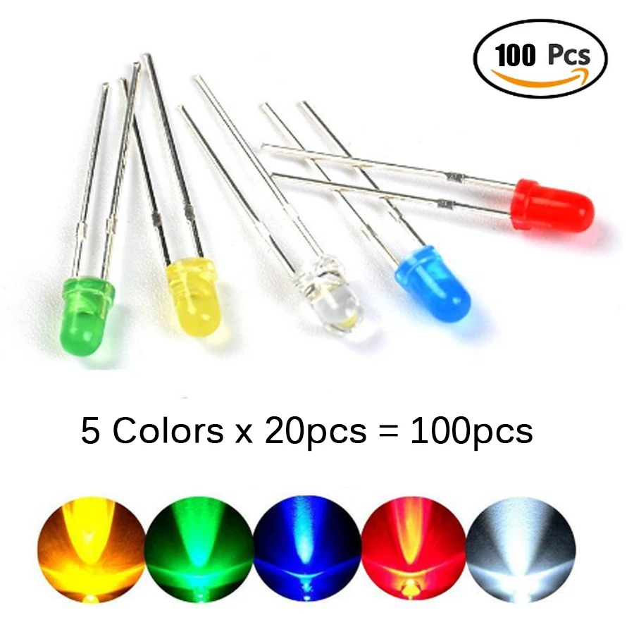 

100Pcs/lot 3MM LED Diode Kit 3 volt V 5colors* 20pcs Mixed Color Red Green Yellow Blue White