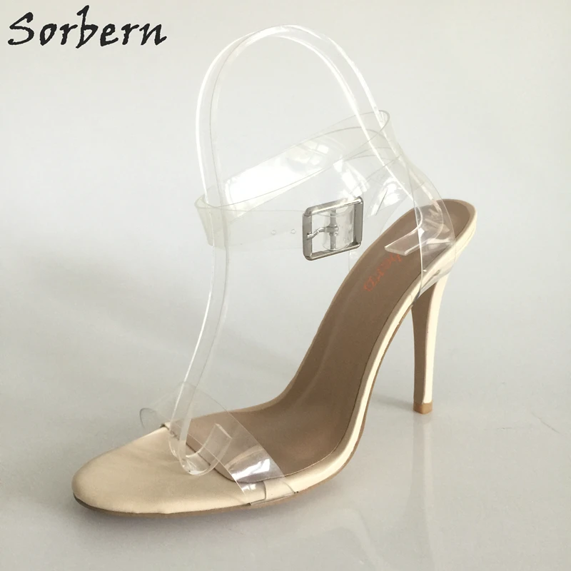 

Sexy Kim Kardashian Sandal Style PVC Clear Transparent Strappy Buckle High Heel Sandals Plus Size Custom Stilettos Women Shoes