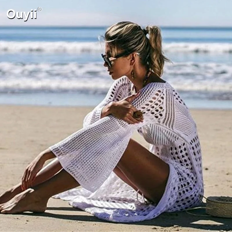 New Sexy Outer Cover-Up Openwork Knit Beach Long Cardigan Split Holiday Bikini Outer Cover Sunscreen Shirt