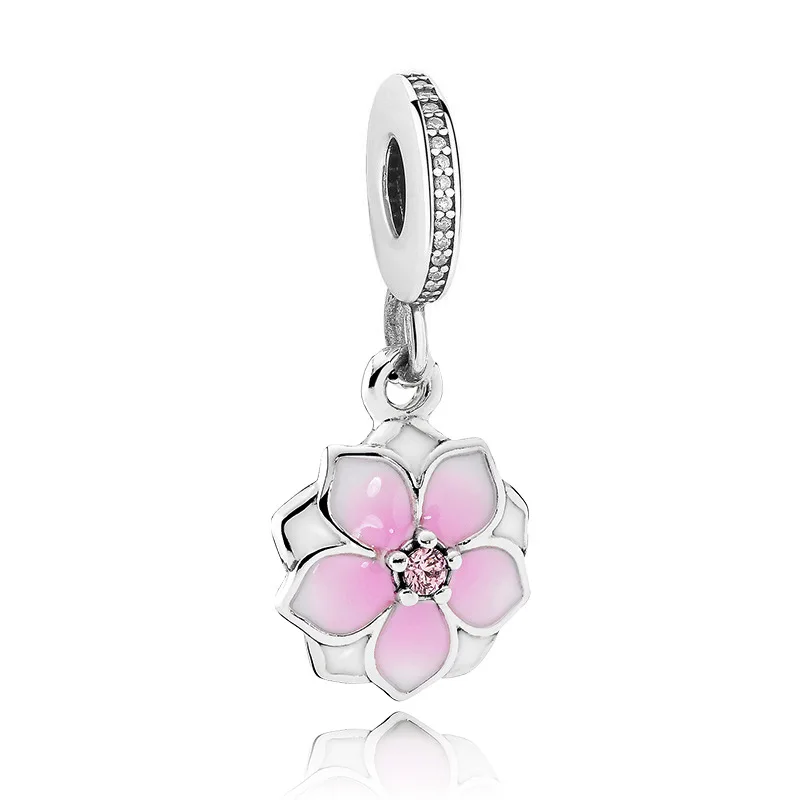 

free shipping 2017 spring new pink Magnolia Bloom hanging big hole bead charms Fits European Pandora Charm Bracelets A504