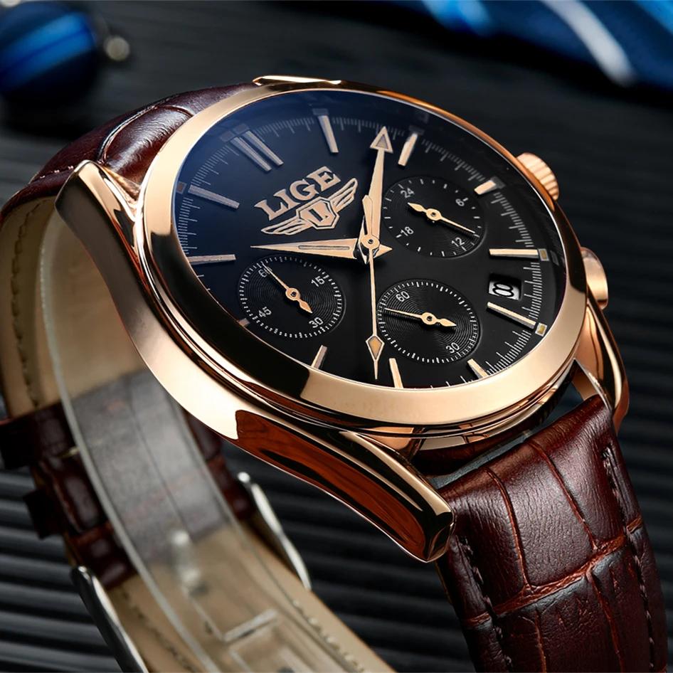 2017 New Fashion Man Watches Top Luxury LIGE Brand Quartz-watch Leather Strap Waterproof Male Business Watches relogio masculino