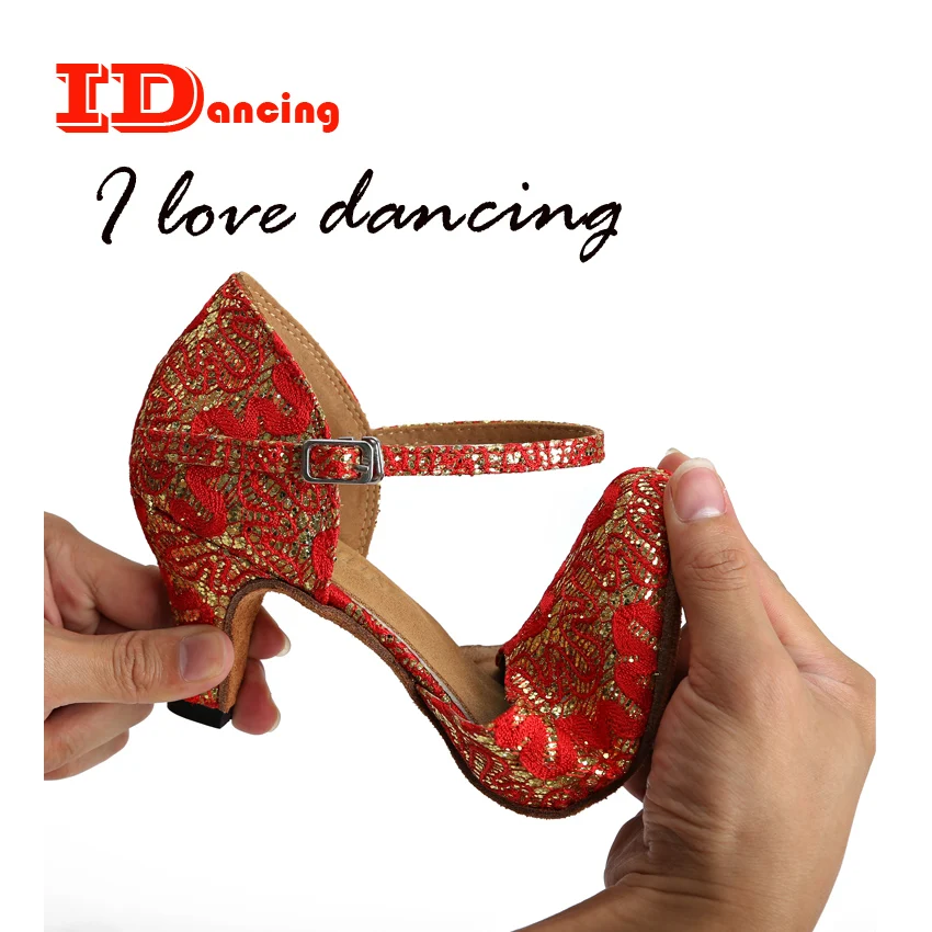 IDancing Lace latin dance shoes Wedding shoes for bride middle heel