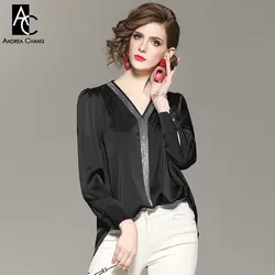 Весна-осень женщина блузка рубашка v-образным вырезом бисероплетение воротник кисточкой Черный Белый блузка рубашка модные повседневные