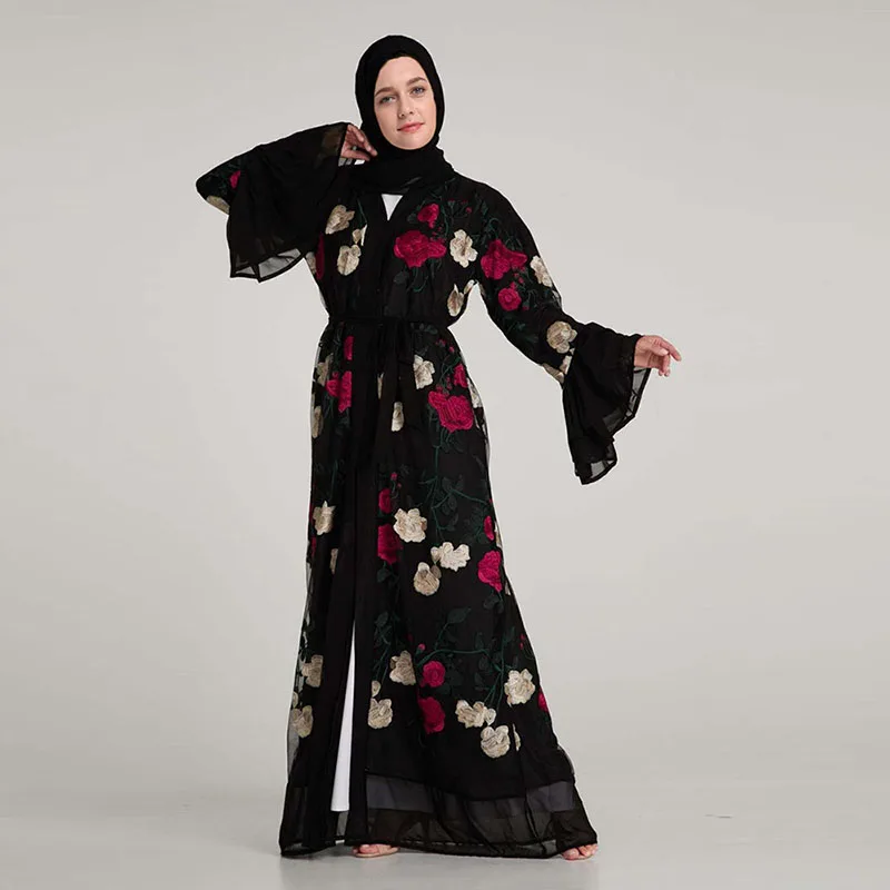 (1 абайя + платок пояс) Дубай открыть abaya мусульманское платье для женщин кружево платье с вышивкой Исламская Леди трубы рукавом костюмы