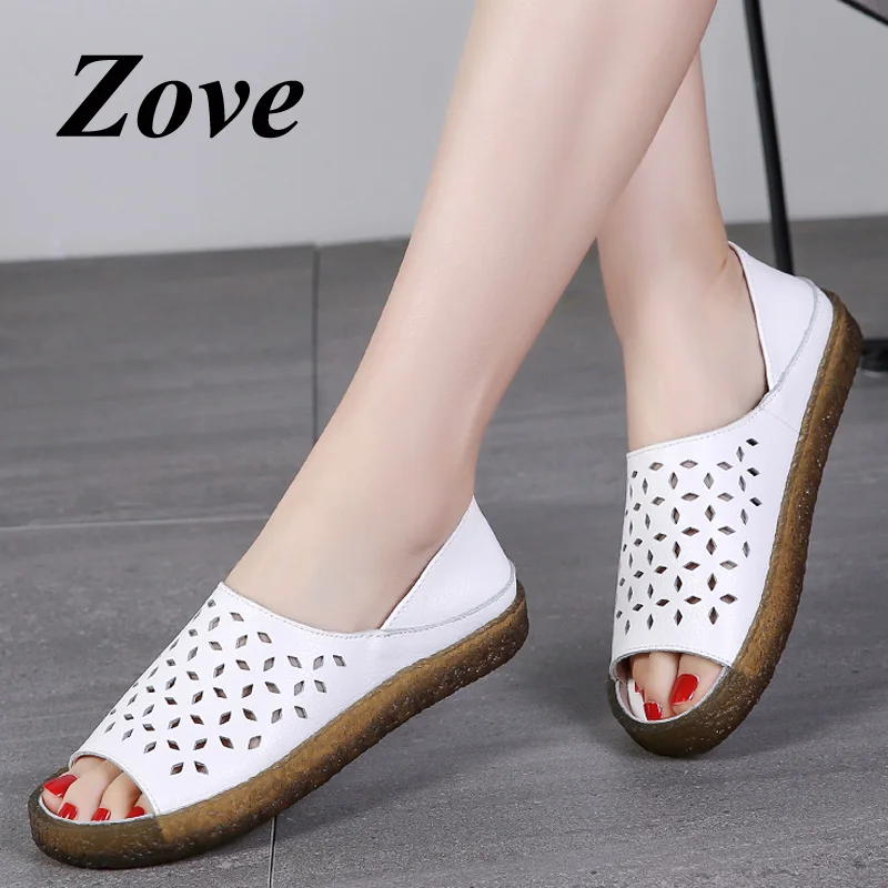 

ZOVE Women Flats 2019 Summer Leather Slip-ons Casual Flat Shoes Hollow Ladies Fashion Open Toe Mules Shoes Breathe Slides Clogs