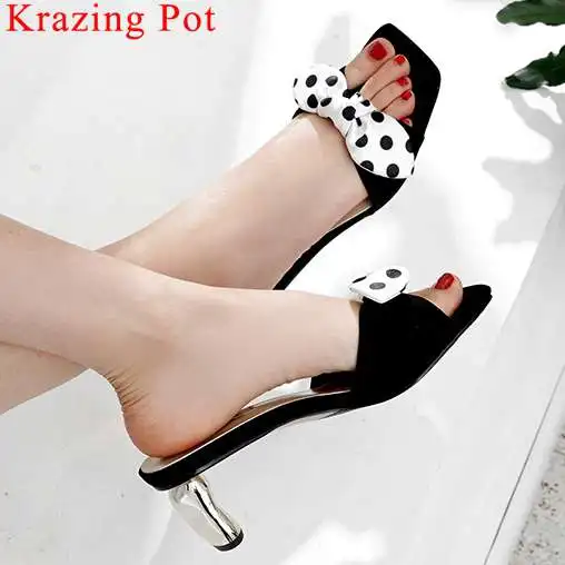 

Krazing Pot elegant lady natural leather butterfly-knot decoration high heels peep toe big size sweety girl slip on mules L5f1