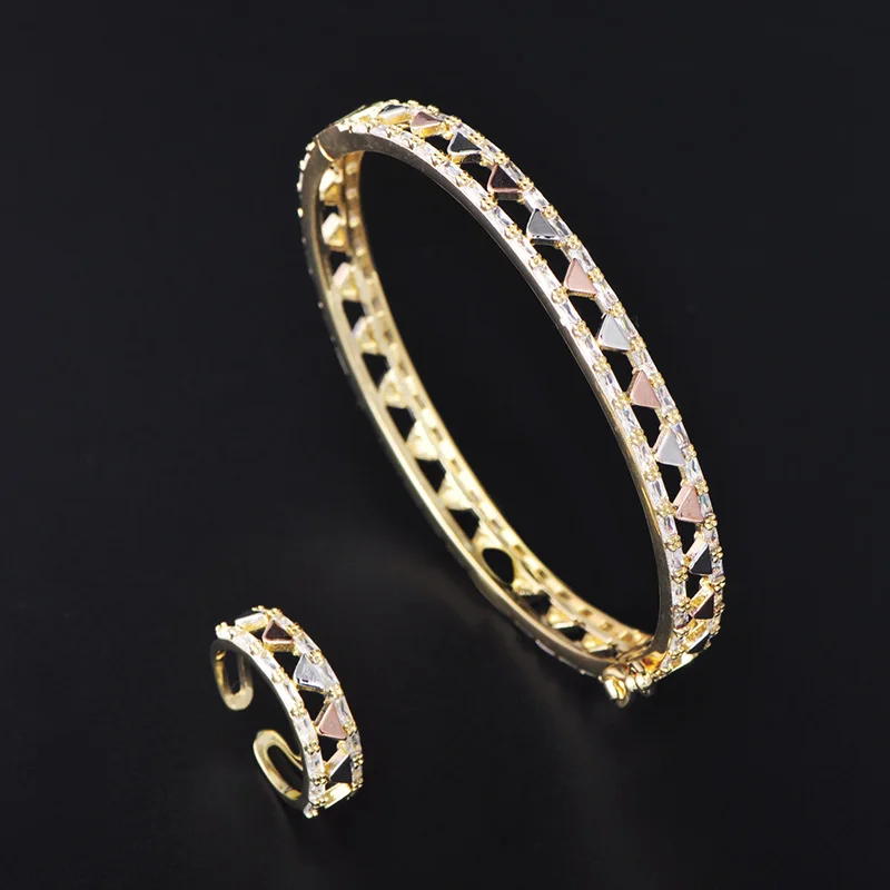 

Dazz Double Geometry Triangle Ring Bangle Sets Wedding Banquet Luxury Zircon Enamel Jewelry Set Women's Bridal Accessories Gifts