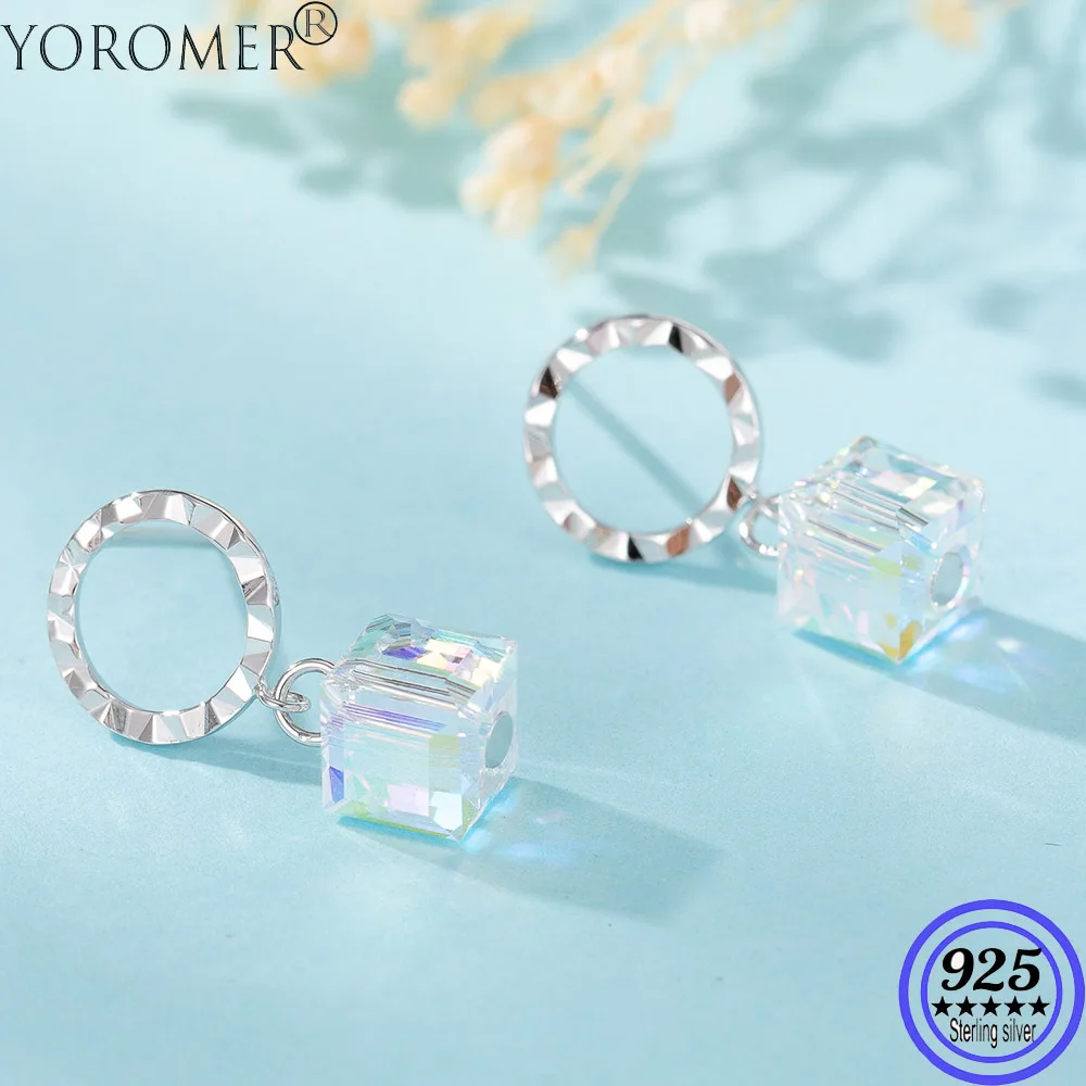 

YOROMER 925 sterling silver earrings crystal small Square stud earrings women round earring fashion Jewelry girls white