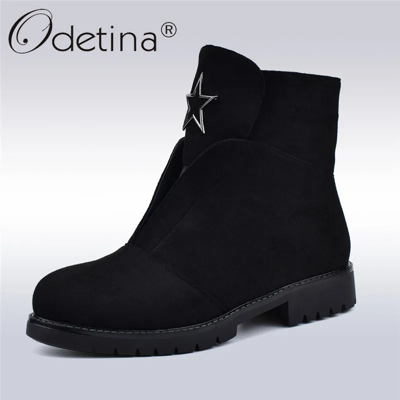 Odetina/высококачественные женские ботинки из флока; Модные женские ботильоны на низком каблуке с боковой молнией; теплая плюшевая обувь; сезон осень-зима