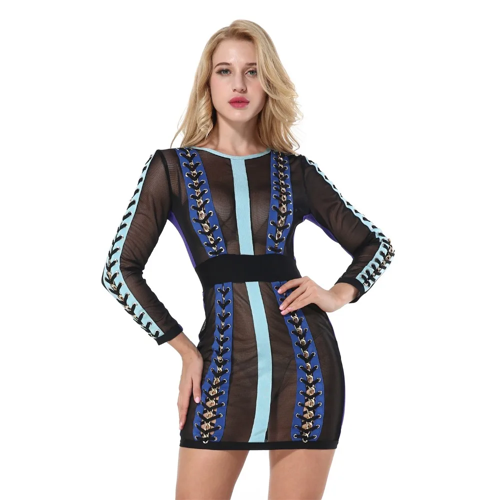 2021 New Sexy Bandage Dress Women Long Sleeve O-Neck Mesh Patchwork Above Knee Celebrity Evening Party Nightclub Bodycon Dress
