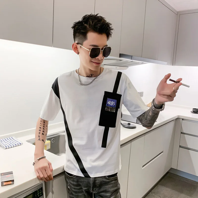 

2019 new summer boys Korean version of the self-cultivation short-sleeved T-shirt front pocket design youth casual men's T-shirt