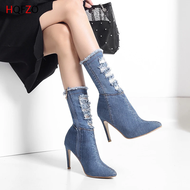 

HOFZO Pointed Toe Cowboy Spring Autumn Zipper Short Boots Thin Heels Buckle Jumps Booties Women Shoes Big Plus Size