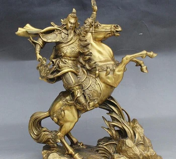 

15" Folk Chinese Fengshui Brass Warrior God Guan Gong GuanYu Ride Horse Statue