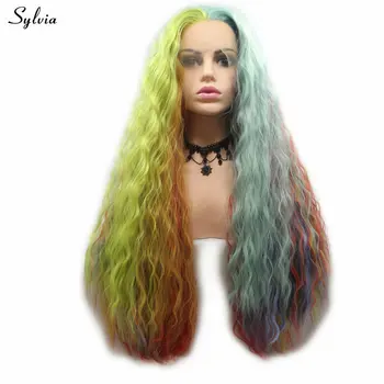 

Sylvia Long Synthetic Lace Front Wigs Water Wave Yellow Orange Blue Green Rainbow Blend Color For Cosplay Mermaid Drag Queen Wig