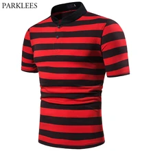 Черные, Красные Полосатые мужские рубашки поло со стоячим воротником и коротким рукавом, мужские повседневные облегающие Дышащие Модные рубашки поло