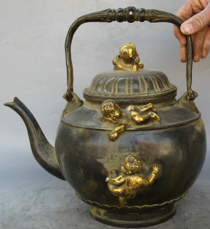 

Elegant old S2280 21" Marked Chinese palace Bronze Gild Tong Zi Boy portable Wine Tea Pot Flagon (A0321)