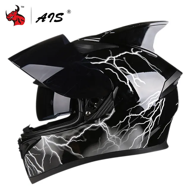 AIS Motorcycle Helmet Flip Up Motocross Helmets Moto Full Face Helmets Capacete Casco Moto With Inner Sun Visor Modular Black