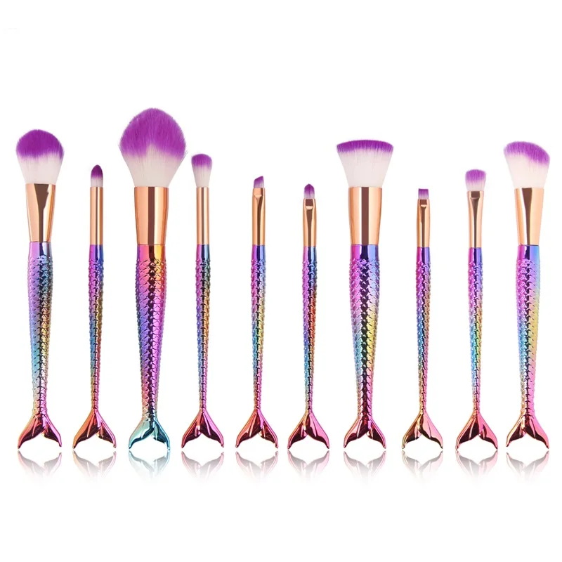 Профессиональные разноцветные кисти для макияжа в виде русалки с радугой, 15 шт., наборы кистей для макияжа в виде единорога, инструмент для нанесения основы - Handle Color: 10 pcs