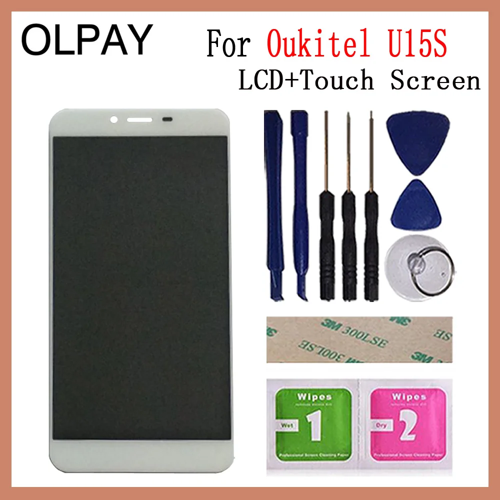 OLPAY 5.5 'جديد الأصلي ل Oukitel U15S الهاتف المحمول شاشة الكريستال السائل + مجموعة المحولات الرقمية لشاشة تعمل بلمس استبدال الزجاج شحن أدوات