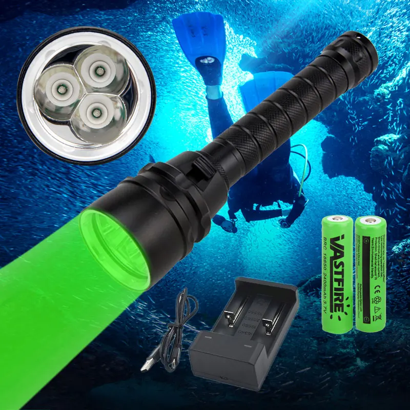 

3000lumen Scuba Waterproof LED Diving Flashlight 3*XPE GREEN Lantern Torch 100M Underwater Diver Light+18650 Battery+USB Charger