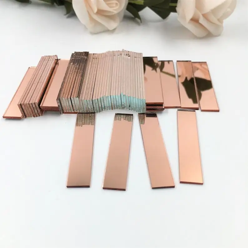 

MEYA Rectangular 3/8'' x 2'' Rose Gold Small Glass Mirrors, Glass Craft Mirror Bulk 100 Pieces Colored Mirror Mosaic Tiles