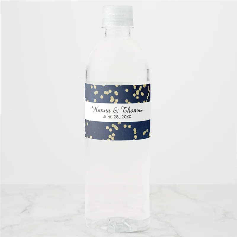 

Customized Personalized Navy Gold Glitter Dot Wedding Water Bottle Label