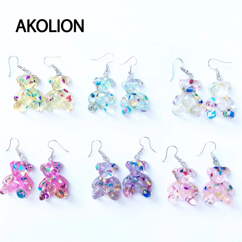 

Creative Hadmade Shining Transparent Colorful Bears Drop Earrings for Women Girls Irregular Sequins Funny Animal Dangle Earrings
