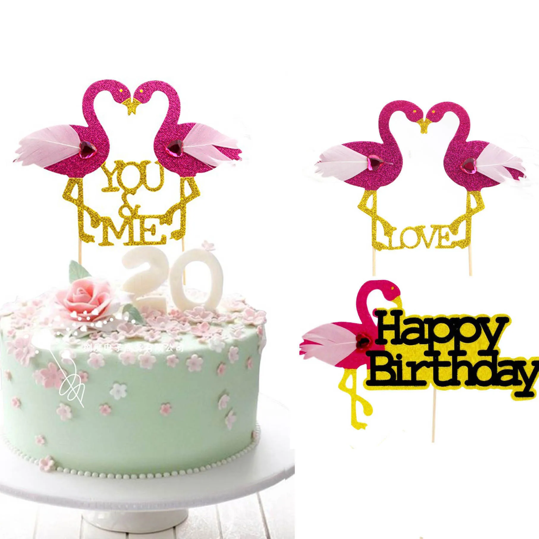 Lovely Diamond Flamingos Cake Topper Happy Birthday Cake ...