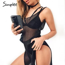 Simplee Knitted sexy summer dress women Hollow out deep V neck party dress robe Backless elastic slit dress vestidos de vesta