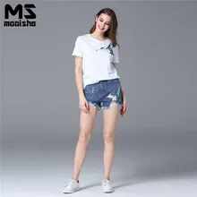 Mooishe Summer Casual Women Two Piece Set White T Shirt Bird Sequins + Short Jeans High Waist Ripped Women Suit